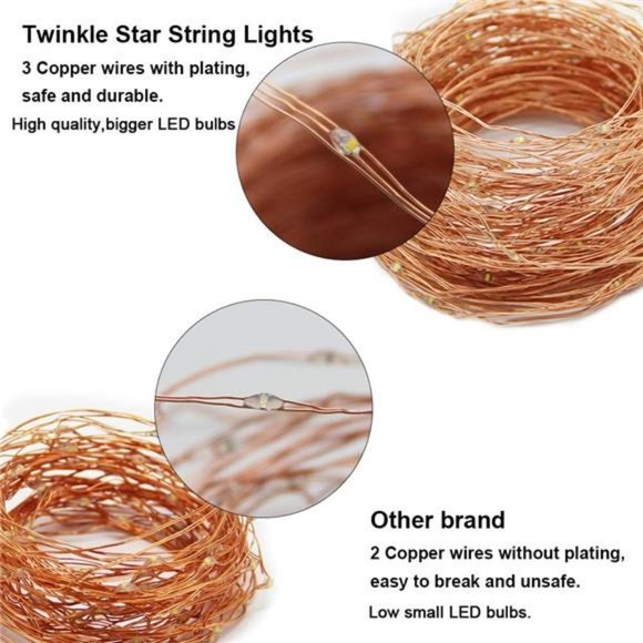200 LED 66 FT Copper Fairy String Lights 8 Modes LED, USB Powered with Remote - Picture 5 of 6